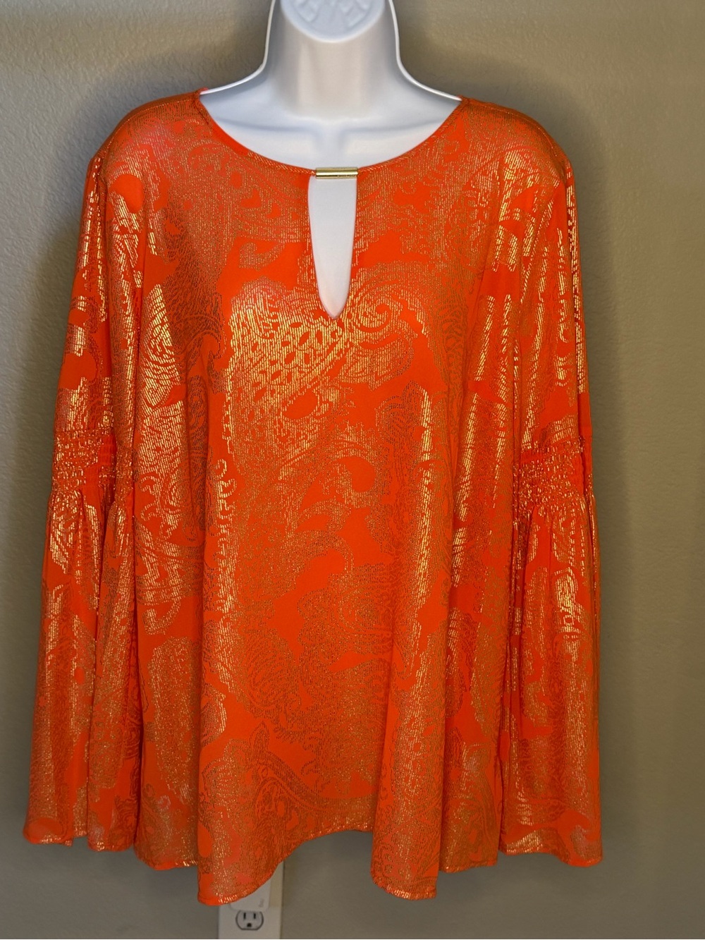 Michael Kors Women’s XL Orange Metallic Paisley Blouse Bell Sleeve Keyhole Top